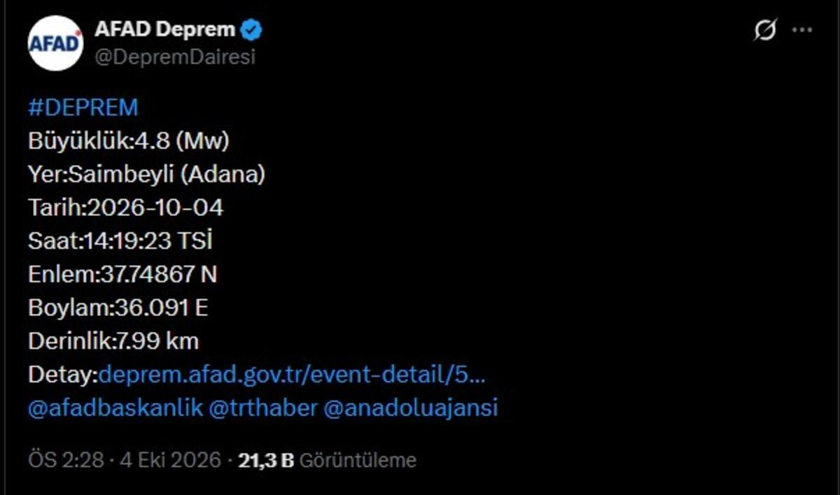 Son dakika! Adana ve Osmaniye de art arda depremler... Dakikalar i&ccedil;inde 4.8, 4.9 ve 5.2 b&uuml;y&uuml;kl&uuml;ğ&uuml;nde sarsıntılar yaşandı 1