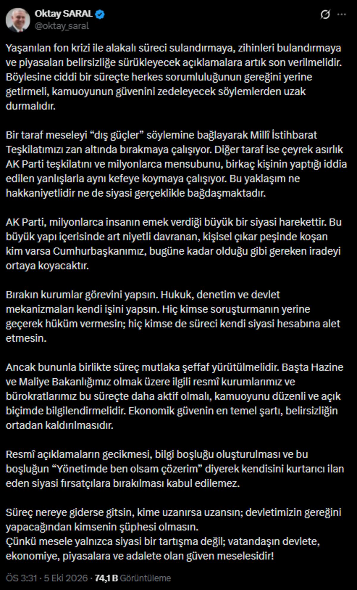 Oktay Saral&rsquo;dan isim vermeden Ali Babacan&rsquo;a tepki: &ldquo;Siyasi fırsat&ccedil;ılara bırakılamaz&rdquo; 2