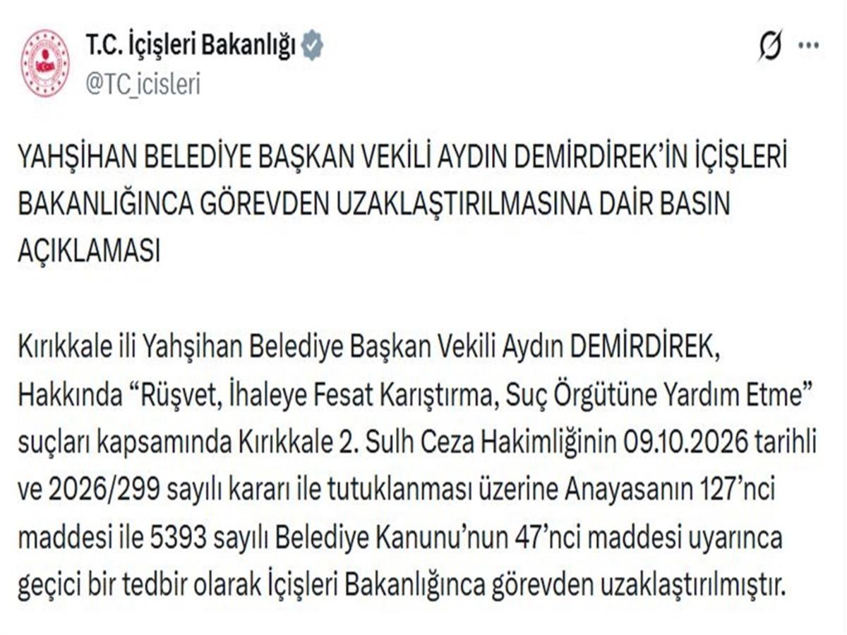 Yahşıyan Belediye Başkan Vekili Aydın Demirdirek görevden uzaklaştırıldı 1