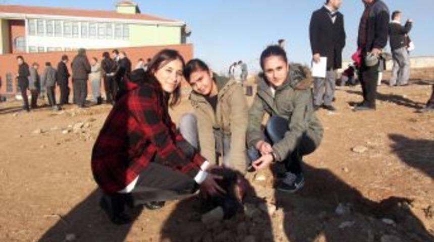 Kardeş okul bah&ccedil;esine 500 fidan diktiler