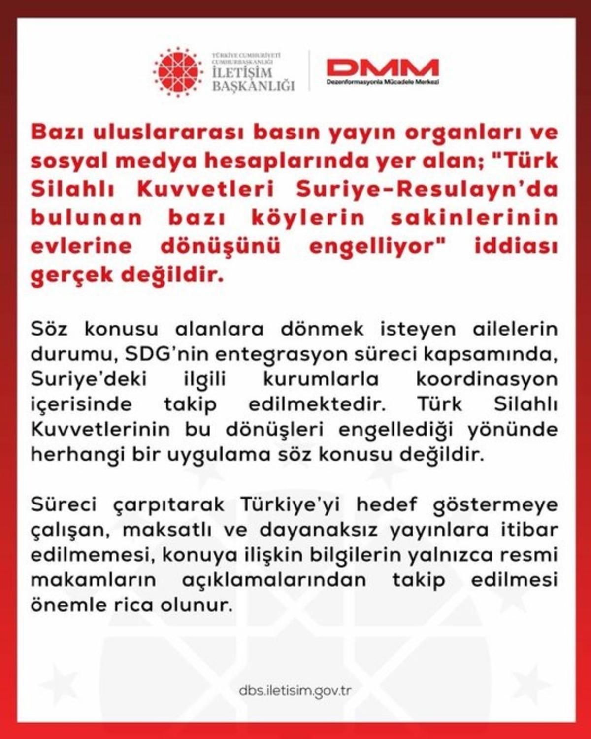DMM den, "T&uuml;rk Silahlı Kuvvetleri Suriye&rsquo;de bazı k&ouml;y sakinlerinin evlerine d&ouml;n&uuml;ş&uuml;n&uuml; engelliyor" iddialarına yalanlama 1