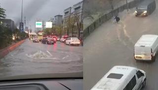 İstanbul sağanağa teslim! Yollar g&ouml;le d&ouml;nd&uuml;: Bir kadın sulara b&ouml;yle kapıldı...