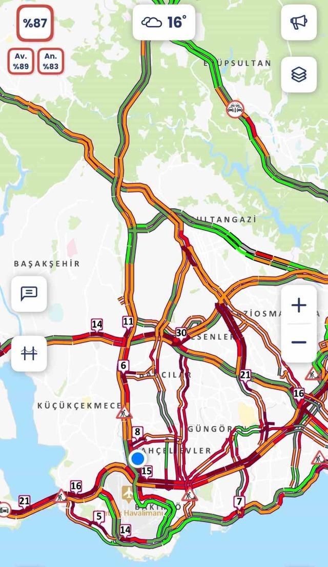 İstanbul’da yağmur trafiği: Yoğunluk yüzde 87 oldu