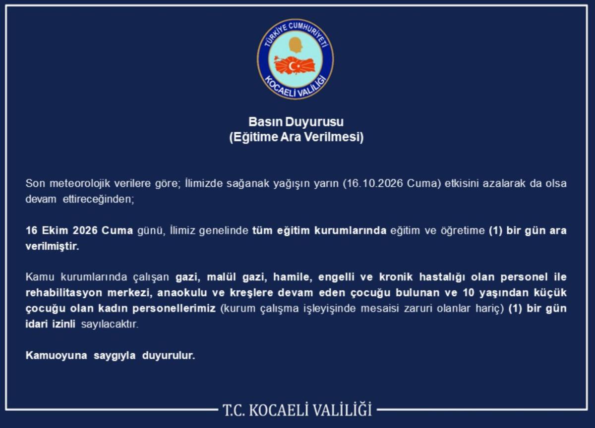 Kocaeli’de okullar 16 Ekim cuma yarın tatil mi? Valilik duyurdu 2