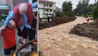 Selde mahsur kalan yaşlı adam, merdivenle k&ouml;pr&uuml; yapılarak kurtarıldı