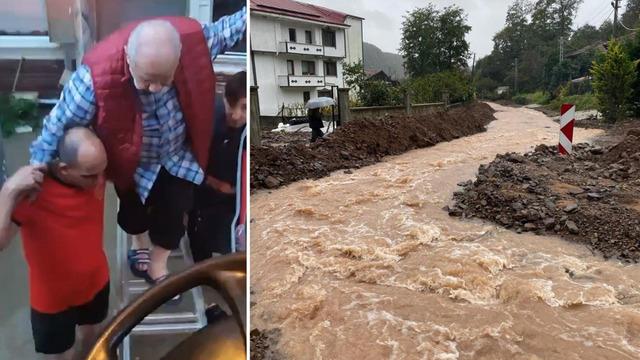 Selde mahsur kalan yaşlı adam, merdivenle köprü yapılarak kurtarıldı