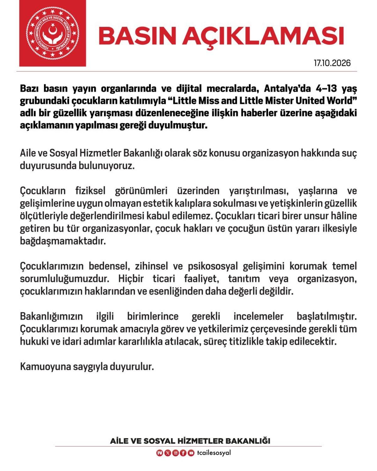 Antalya da tepki &ccedil;eken  Little Miss and Little Mister United World  yarışmasına su&ccedil; duyurusu! 2