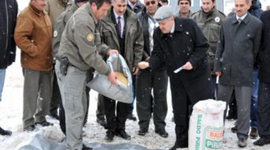 Karaman&rsquo;da protokol ve basın mensupları kuşlara yem verdi