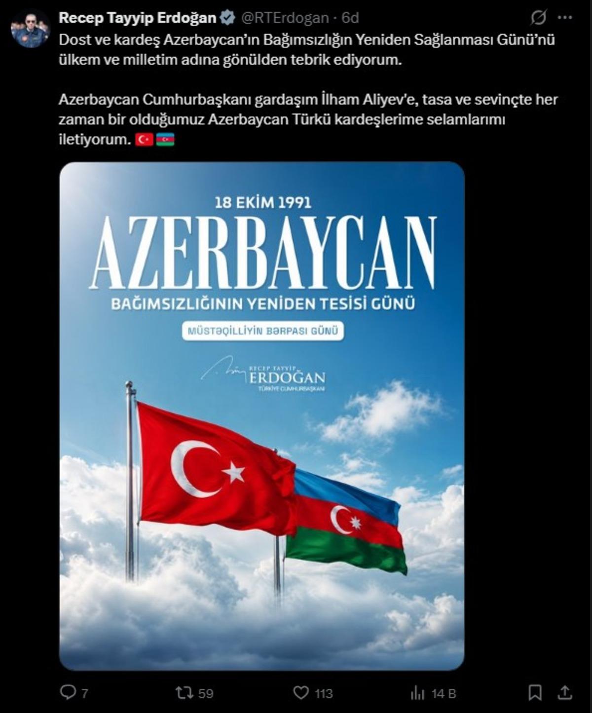 Cumhurbaşkanı Erdoğan&rsquo;dan Azerbaycan&rsquo;ın Bağımsızlık G&uuml;n&uuml; mesajı: "Her zaman biriz" 1