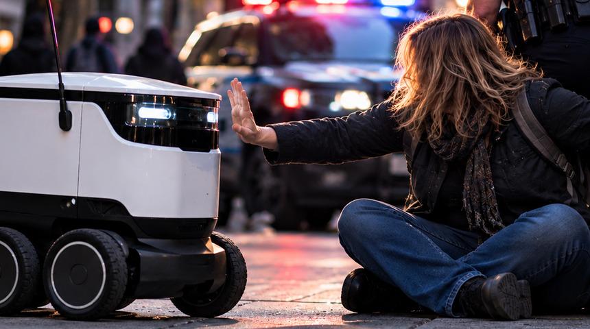 Robotun &ouml;n&uuml;ne dikildi, polis gelince de &ccedil;ekilmedi! G&ouml;zaltına alındı