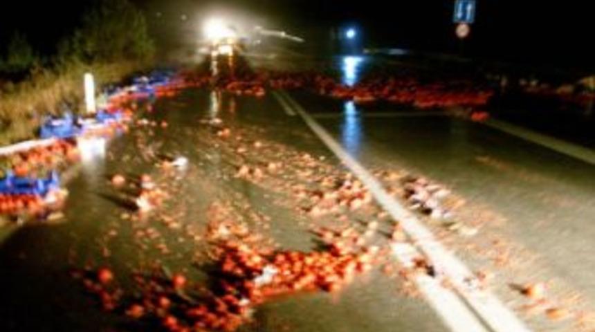 Kamyonet devrildi, kara yolu domates bah&ccedil;esine d&ouml;nd&uuml;