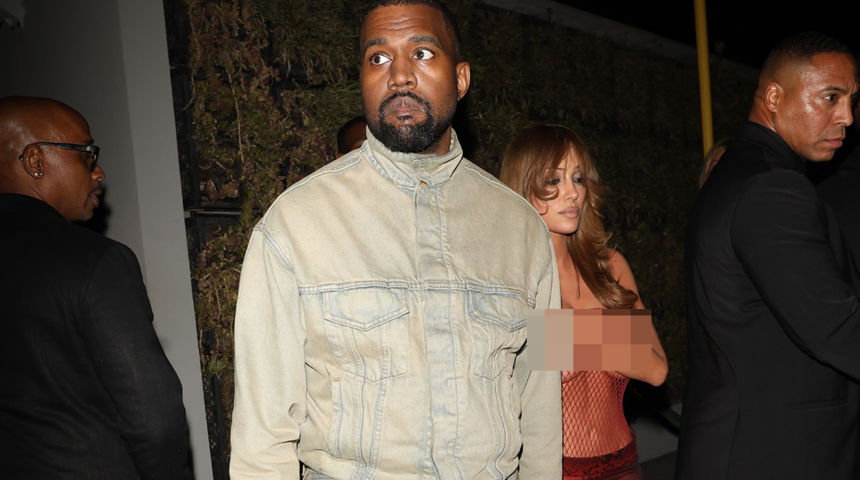 Kanye West'in eşi Bianca Censori file giydi! Kameraları görünce eliyle kapadı