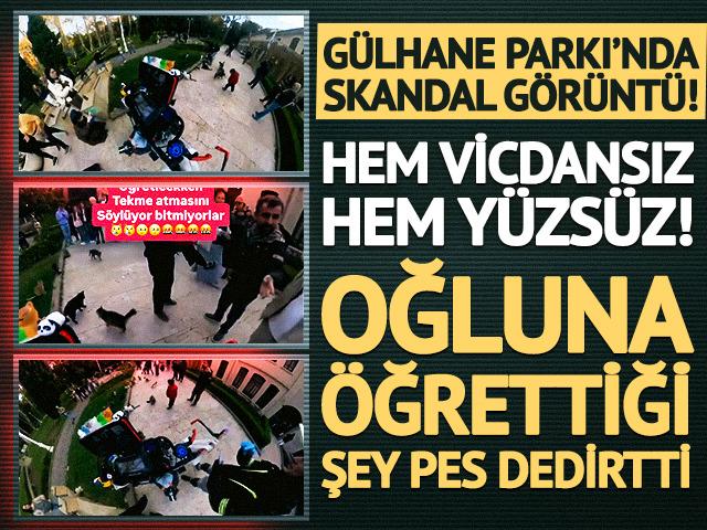 G&uuml;lhane Parkı&rsquo;nda skandal g&ouml;r&uuml;nt&uuml;ler: Kedilere tekme atmayı babasından &ouml;ğrendi!