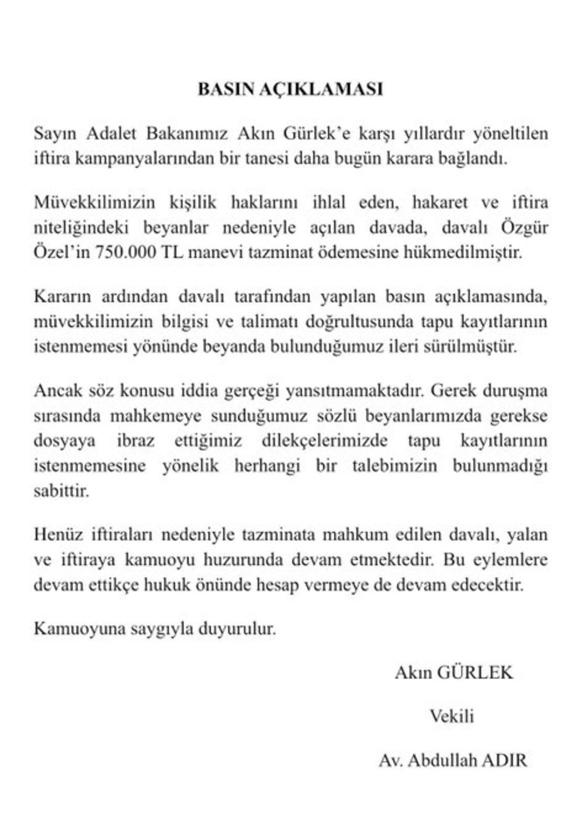 Özgür Özel, Adalet Bakanı Gürlek’e 750 bin lira manevi tazminat ödeyecek 2