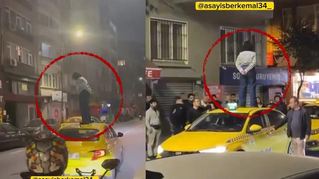 Yer: Şişli... Taksinin üzerine çıkıp dakikalarca durdu: Kendisini tekmelerle savundu!