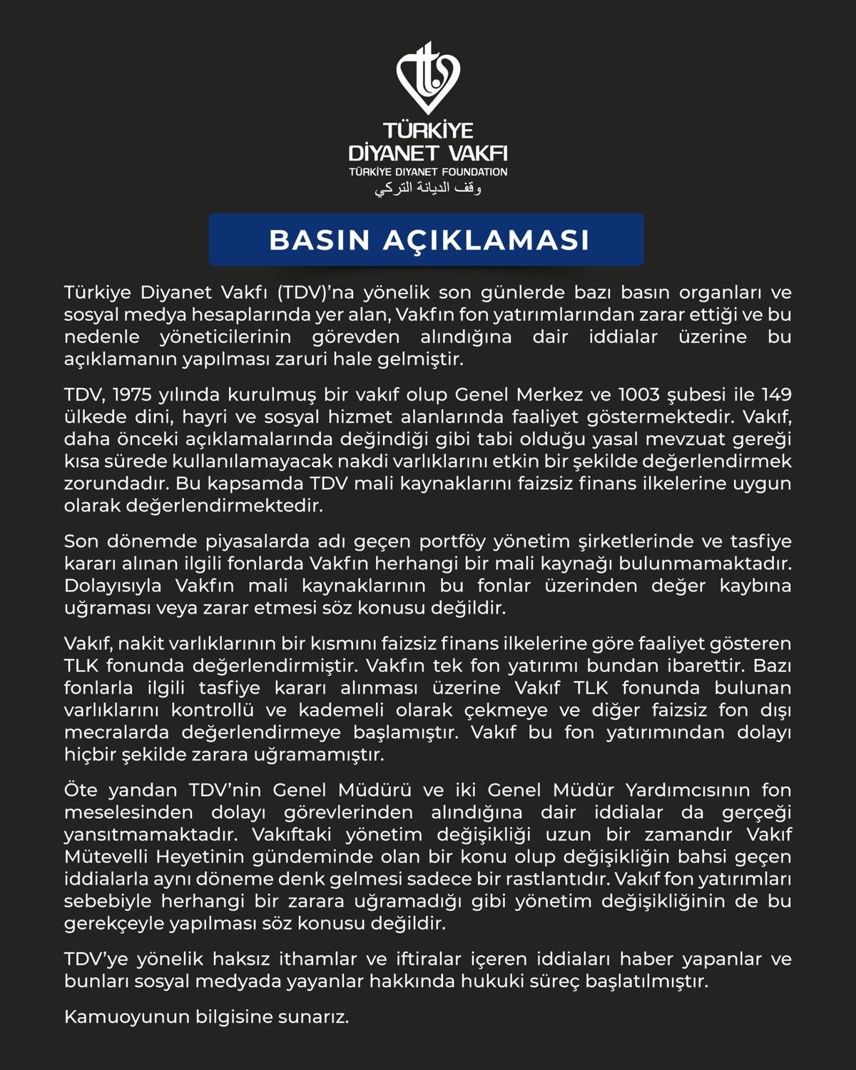 İddialar gündem olmuştu! Türkiye Diyanet Vakfı ndan fon açıklaması 2