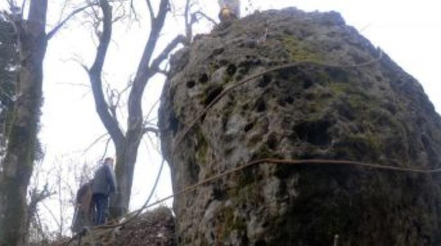 400 tonluk kayayı halatlarla ağaca bağladılar