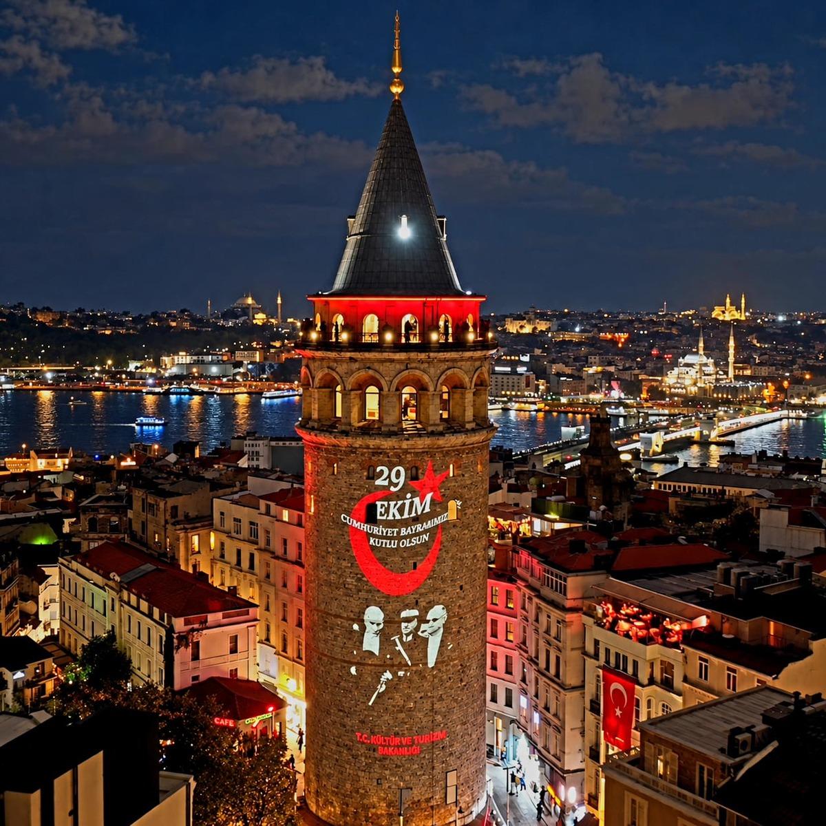 Cumhuriyet in 103 yıllık ışığı Galata Kulesi ni aydınlattı 1