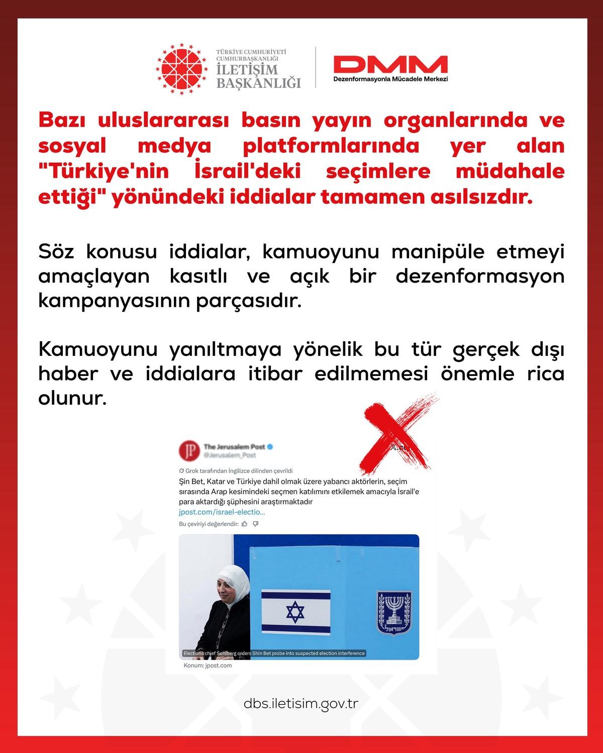 DMM, "Türkiye nin İsrail deki seçimlere müdahale ettiği" iddialarını yalanladı 1