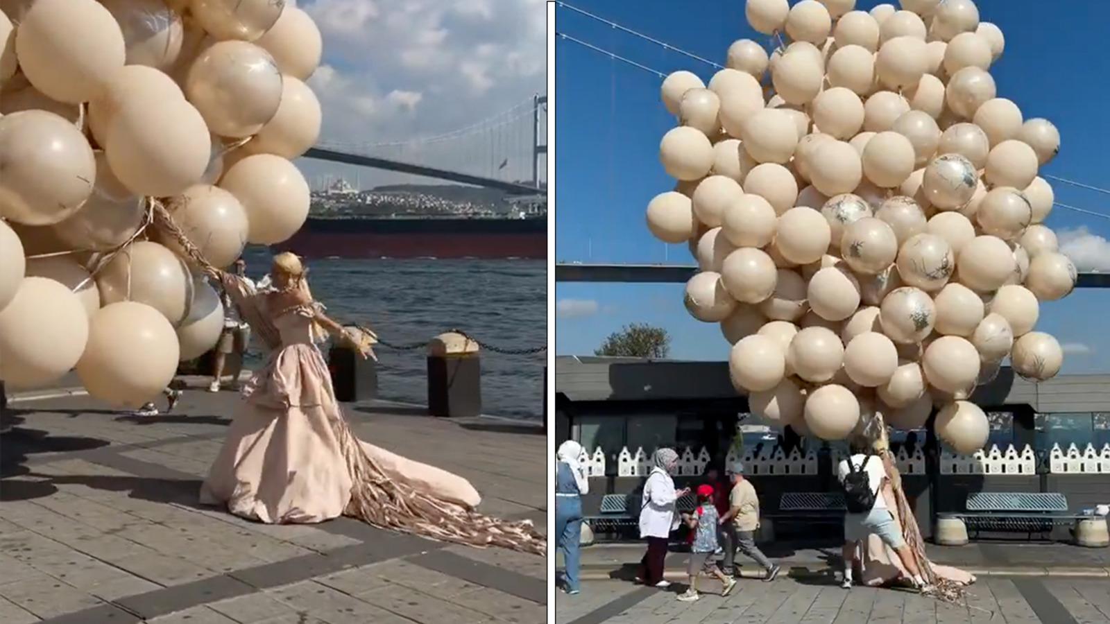 İstanbul'da fotoğraf çekimi kabusa döndü! Dev balonlar kadını böyle sürükledi