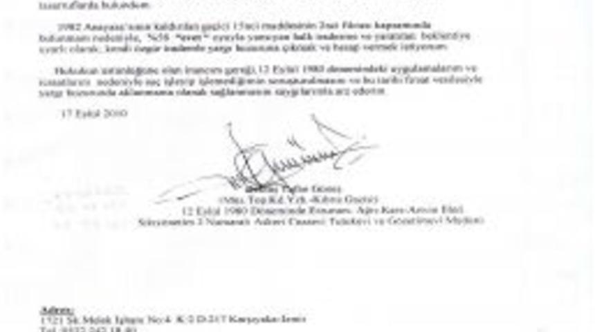 12 Eyl&uuml;l'&uuml;n Sıkıy&ouml;netim Askeri Cezaevi M&uuml;d&uuml;r&uuml;, m&uuml;dahillik talebinde bulundu