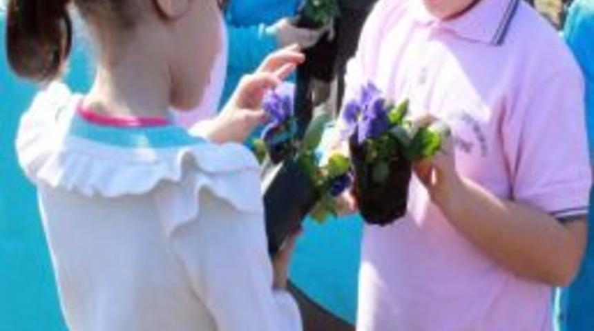 İlk&ouml;ğretim &ouml;ğrencileri fidan ve menekşe dikti