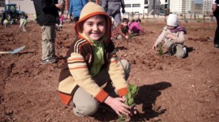 Minik &ouml;ğrenciler &uuml;niversite bah&ccedil;esine ağa&ccedil; dikti