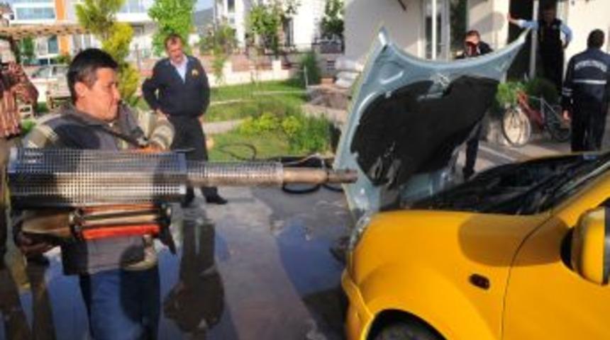 Taksiye giren yılan, itfaiye ekipleri tarafından &ccedil;ıkartıldı