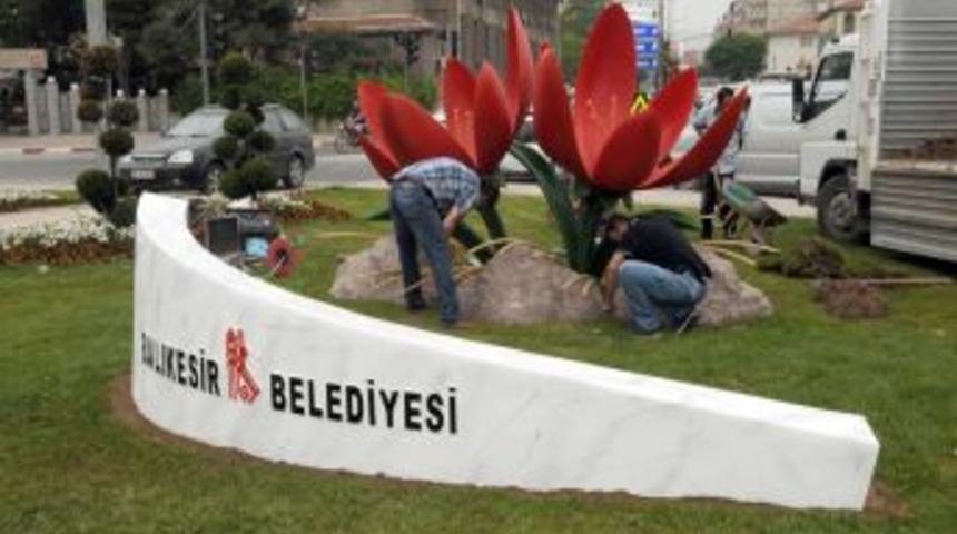 Balıkesir'in &ccedil;eşitli noktalarına dev zambak fig&uuml;rleri koyuldu