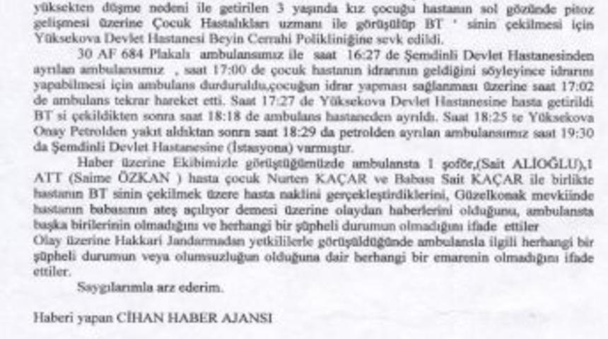 "pkk'lılar Ambulansın İ&ccedil;inden Karakola Ateş A&ccedil;tı" Haberine Yalanlama