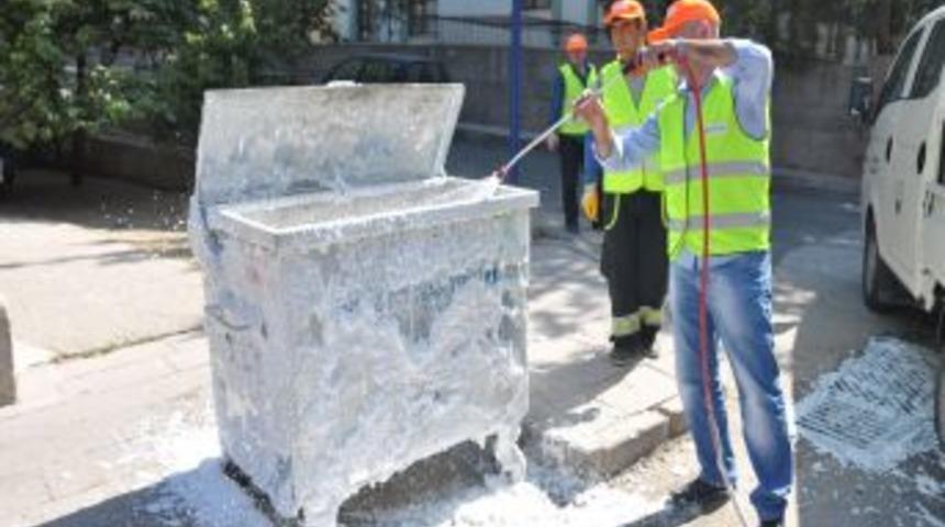 G&ouml;lbaşı'nda &Ccedil;&ouml;p Konteynerlerini K&ouml;p&uuml;kle Temizleniyor