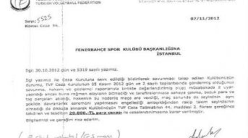 TVF'den Fenerbah&ccedil;e Kul&uuml;b&uuml;'ne Para Cezası Verildi