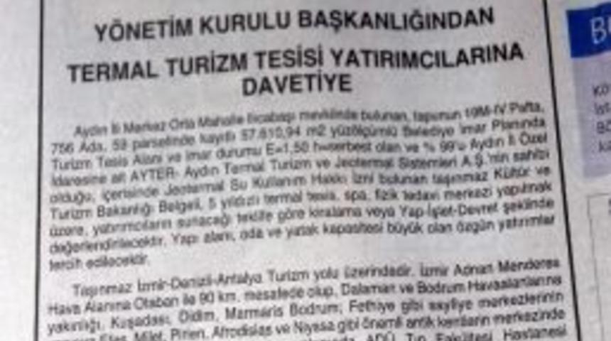 Ayter Alanına Gazete İlanı İle Yatırımcı Aranıyor