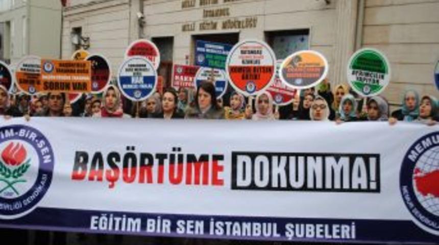 Sendika &Uuml;yeleri, Kamuda Baş&ouml;rt&uuml;s&uuml; Yasağını Protesto Etti