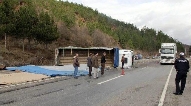 Sunta Yüklü Kamyon Devrildi