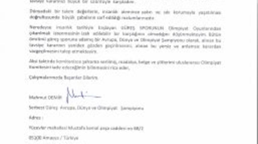 Şampiyon Demir&rsquo;den, Uluslararası Olimpiyat Komitesi&rsquo;ne Mektup