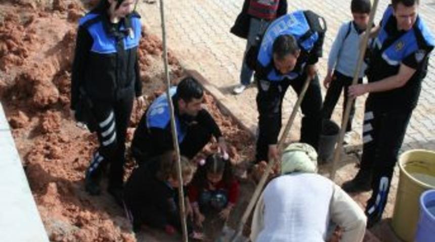 Aksaray&rsquo;da Polis Ve &Ouml;ğrenciler G&uuml;le Oynaya Ağa&ccedil; Dikti