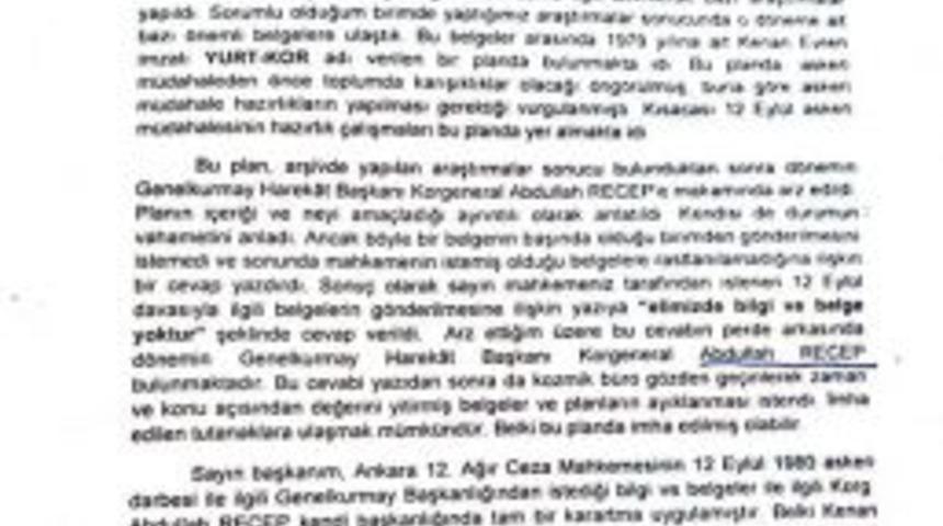 "Kenan Evren Imzalı YURT-KOR Adlı Plan Imha Edildi"