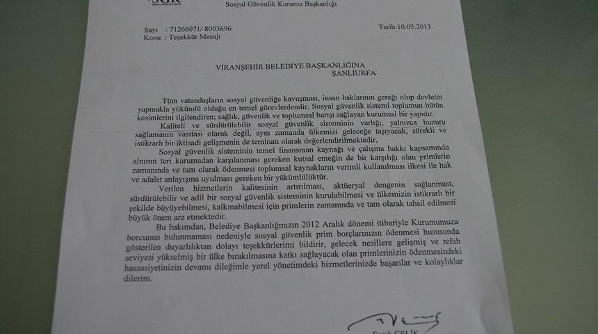 Bakanlıktan, Primlerini Zamanında &Ouml;deyen Viranşehir Belediyesi'ne Teşekk&uuml;r