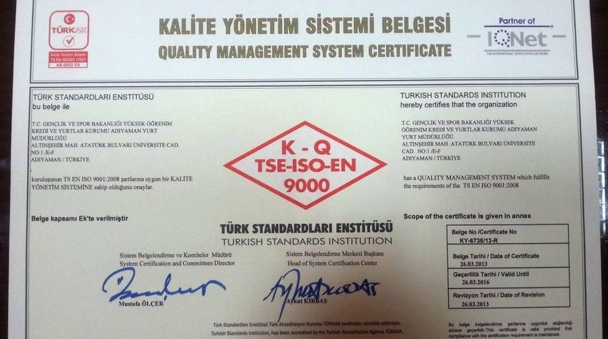 Adıyaman KYK &Ouml;ğrenci Yurdu ISO Kalite Belgesi Aldı