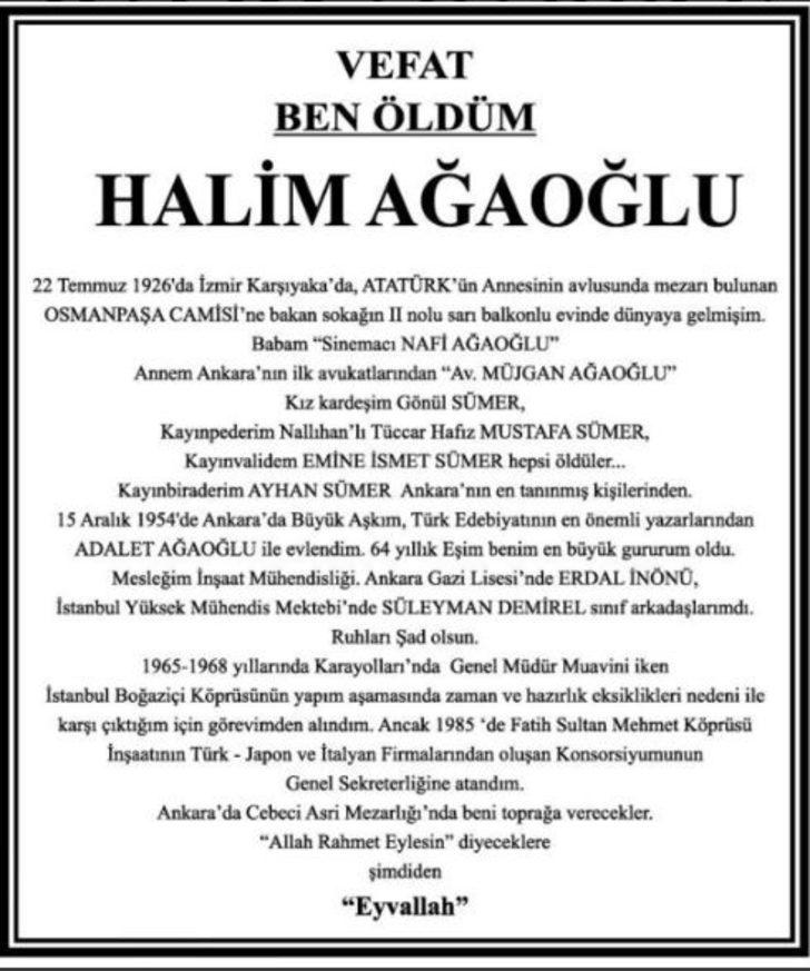 olum ilanini kendisi hazirlayan halim agaoglu son yolculugunu ugurlandi son dakika haberler