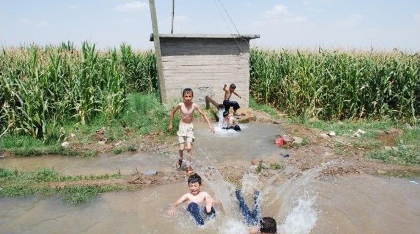 &Ccedil;ocuklar Tarla Suyu İle Serinliyor