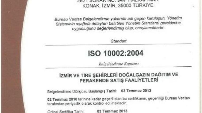 İzmirgaz, "m&uuml;şteri Memnuniyeti" Belgesi Aldı