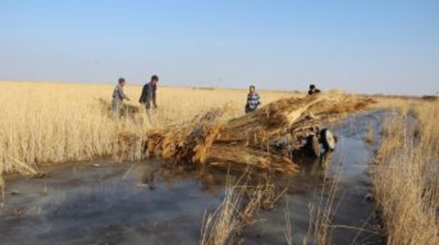 Sultansazlığı Dondu, Kamış Bi&ccedil;imi Buz &Uuml;st&uuml;nde Yapılıyor