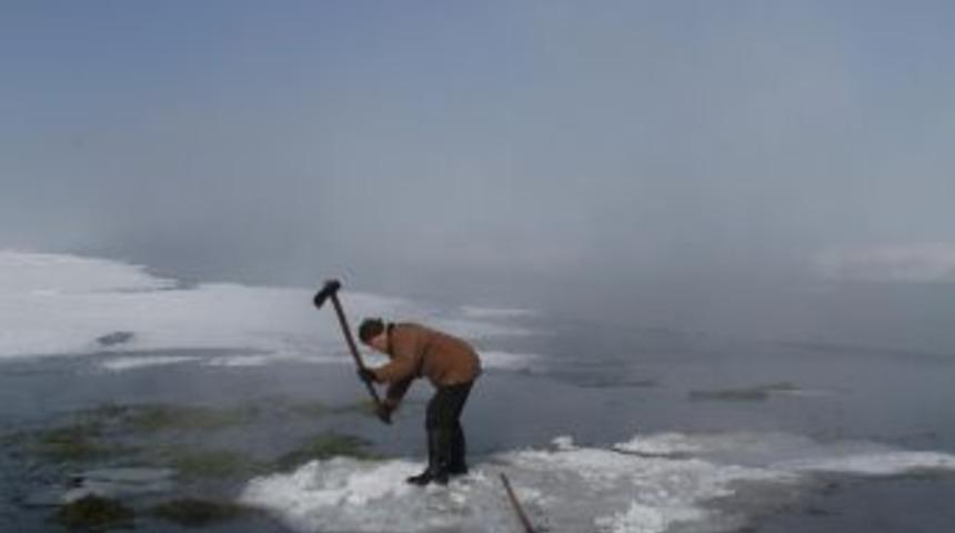 Baltayla Buz Kırıp Hayvanlarını Besliyorlar