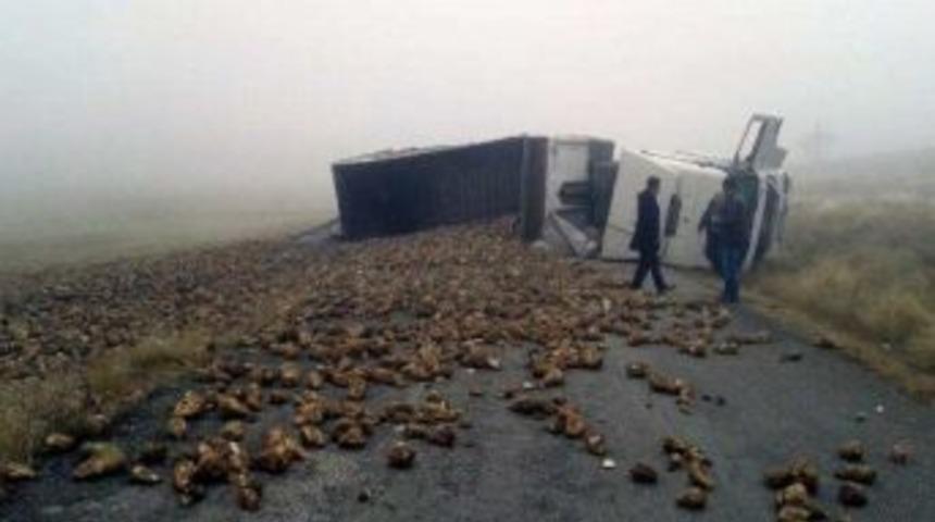 Beyşehir&rsquo;de Şeker Pancarı Y&uuml;kl&uuml; Tır Devrildi