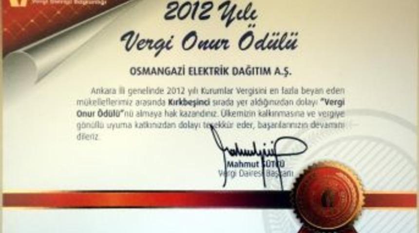 Ankara Vergi Dairesi'nden Oedaş'a Vergi Onur &Ouml;d&uuml;l&uuml;