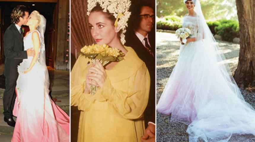 D&uuml;ğ&uuml;n&uuml;nde renkli gelinlik giyen &uuml;nl&uuml;ler