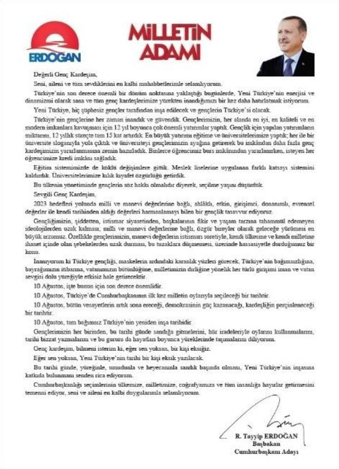 Başbakan Erdoğan&rsquo;dan Gen&ccedil;lere Mektup