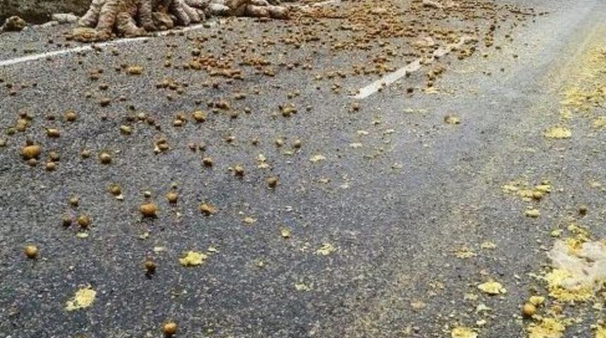 Kamyon Yan Yattı, Tonlarca Patates Yola Sa&ccedil;ıldı